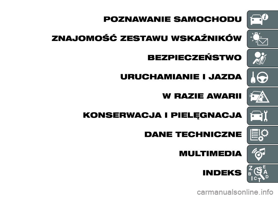 FIAT 124 SPIDER 2021  Instrukcja obsługi (in Polish) POZNAWANIE SAMOCHODU
ZNAJOMOŚĆ ZESTAWU WSKAŹNIKÓW
BEZPIECZEŃSTWO
URUCHAMIANIE I JAZDA
W RAZIE AWARII
KONSERWACJA I PIELĘGNACJA
DANE TECHNICZNE
MULTIMEDIA
INDEKS 
