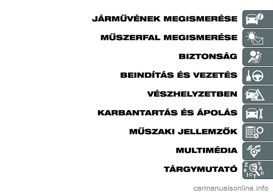 FIAT 124 SPIDER 2021  Kezelési és karbantartási útmutató (in Hungarian) JÁRMŰVÉNEK MEGISMERÉSE
MŰSZERFAL MEGISMERÉSE
BIZTONSÁG
BEINDÍTÁS ÉS VEZETÉS
VÉSZHELYZETBEN
KARBANTARTÁS ÉS ÁPOLÁS
MŰSZAKI JELLEMZŐK
MULTIMÉDIA
TÁRGYMUTATÓ 