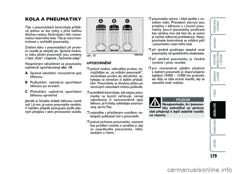 FIAT PUNTO 2015  Návod k použití a údržbě (in Czech) 179
BEZPEČNOST
STARTOVÁNÍ
MOTORU A JÍZDA S VOZIDLEM
KONTROLKY A HLÁŠENÍ
V NOUZI
TECHNICKÉ ÚDAJE
REJSTŘÍK
PALUBNÍ DESKA  A OVLÁDAČE
ÚDRŽBA A PÉČE
KOLA A PNEUMATIKY
Tlak v pneumatikác