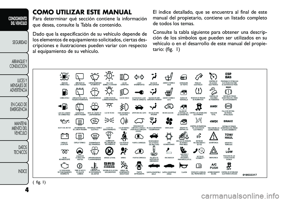 FIAT FREEMONT 2012  Manual de Empleo y Cuidado (in Spanish) COMO UTILIZAR ESTE MANUAL 
Para determinar qué sección contiene la información 
que desea, consulte la Tabla de contenido. 
Dado que la especificación de su vehículo depende de 
los elementos de 