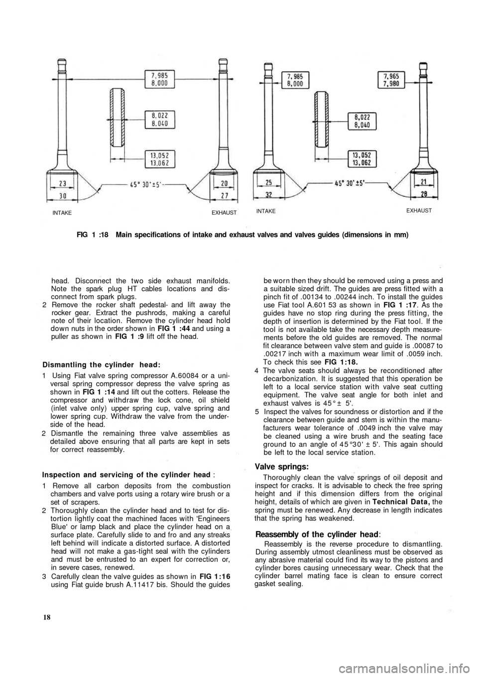 FIAT 500 1957 1.G Workshop Manual INTAKEEXHAUSTINTAKEEXHAUST
FIG 1 :18  Main specifications of intake and exhaust valves and valves guides (dimensions in  mm)
head. Disconnect the t w o side exhaust manifolds.
Note the spark  plug  HT
