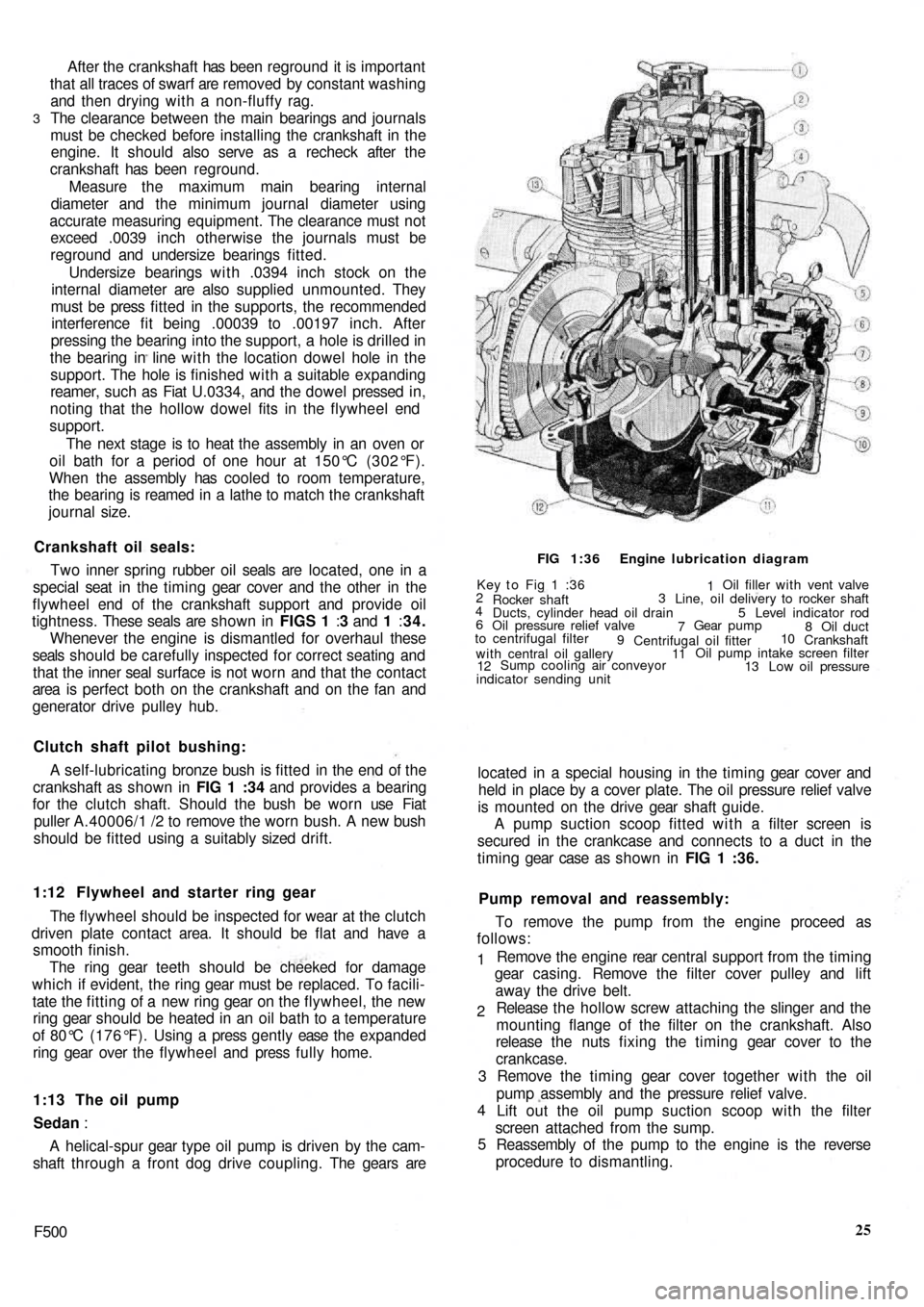 FIAT 500 1960 1.G User Guide After the  crankshaft  has been reground  it is important
that all traces of swarf are removed  by constant washing
and then drying with a non-fluffy rag.
The clearance between the main bearings and j