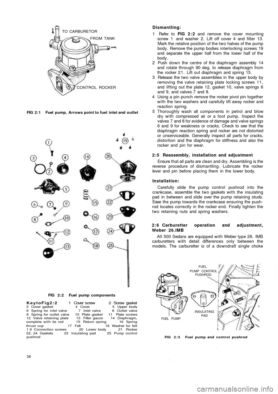 FIAT 500 1969 1.G Workshop Manual CONTROL ROCKER FROM TANK TO CARBURETOR
FIG 2 : 1  Fuel pump. Arrows point to fuel  inlet and outlet
FIG 2 : 2  Fuel pump components
KeytoFig2:2 1  Cover  screw  2  Screw  gasket3 Cover gasket 4 Cover 