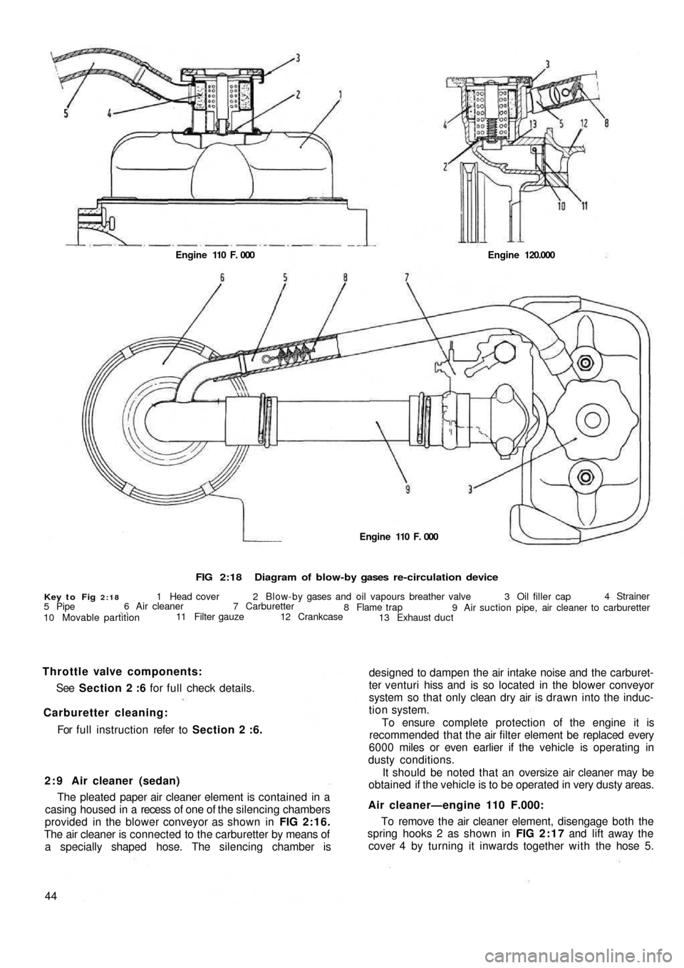 FIAT 500 1969 1.G Owners Guide FIG 2:18Diagram of blow-by gases  re-circulation device
Key to Fig 2:181 Head cover 2 Blow-by gases and  oil vapours breather valve 3 Oil filler cap4 Strainer
9 Air suction pipe, air cleaner to carbur