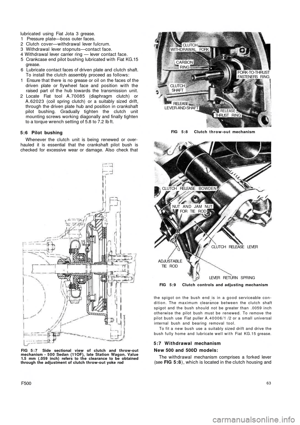 FIAT 500 1969 1.G Workshop Manual lubricated using Fiat Jota 3 grease.
1 Pressure plate—boss outer faces.
2 Clutch cover—withdrawal lever fulcrum.
3 Withdrawal lever stopnuts—contact face.
4 Withdrawal lever carrier ring — lev