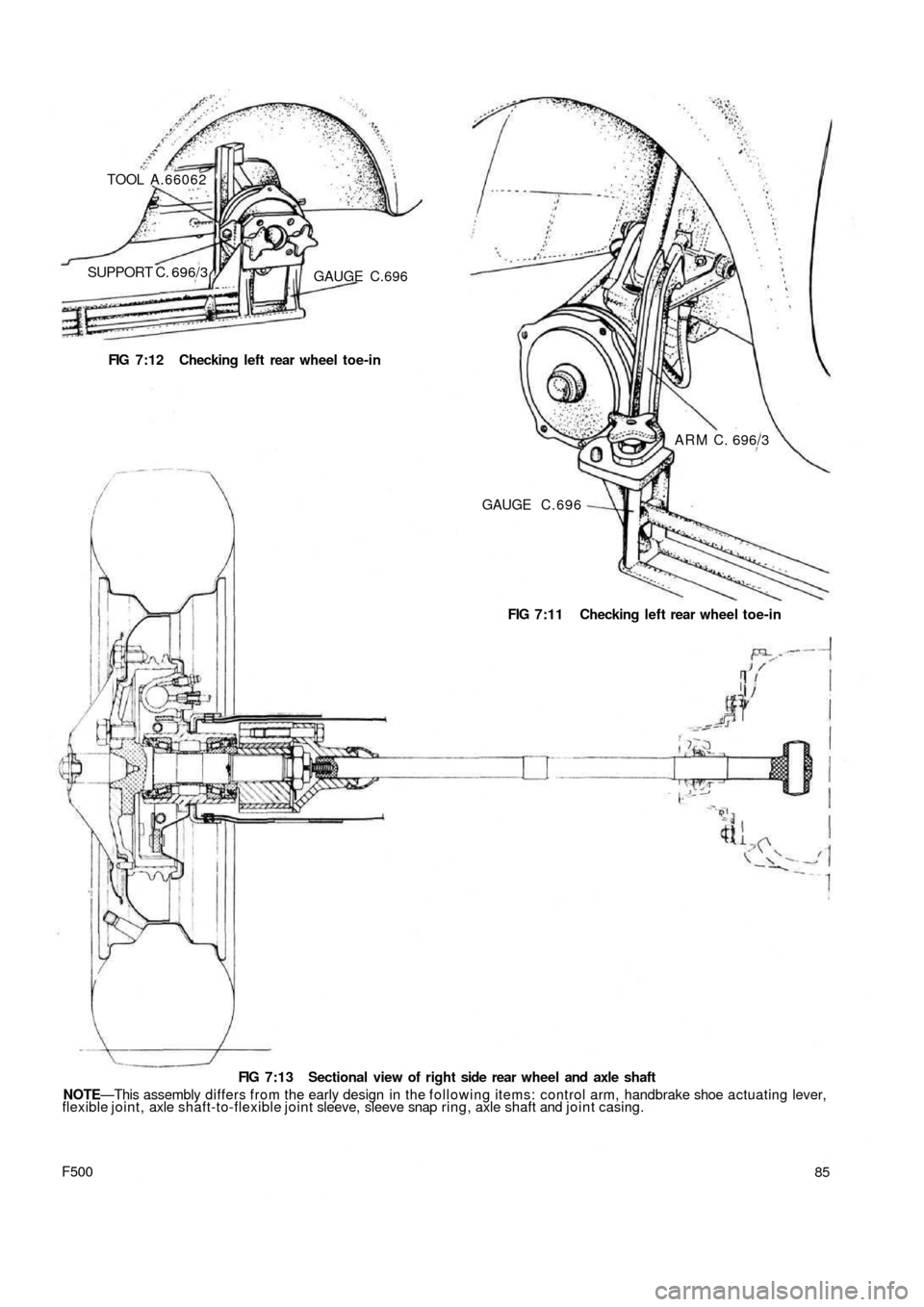 FIAT 500 1968 1.G Workshop Manual TOOL A.66062
SUPPORT C. 696/3GAUGE C.696
FIG 7:12 Checking left rear wheel toe-in
ARM C. 696/3
GAUGE C . 6 9 6
FIG 7:11 Checking left rear wheel toe-in
F500
FIG 7:13 Sectional view of right side rear 