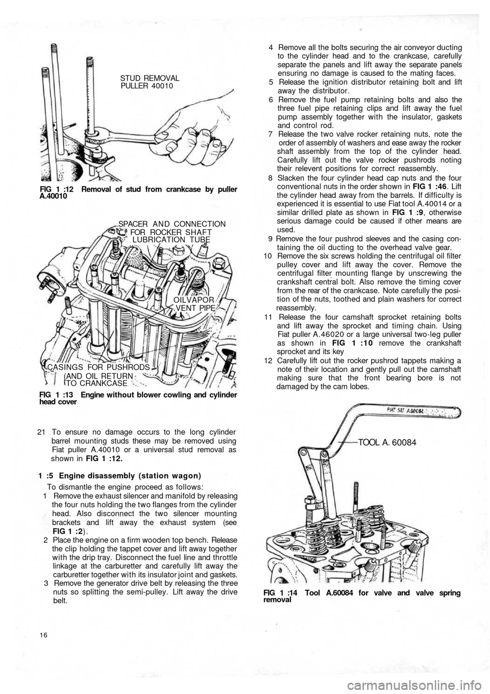 FIAT 500 1966 1.G Workshop Manual STUD REMOVAL
PULLER  40010
FIG 1 :12  Removal of stud from crankcase by puller
A.40010
FIG  1  :13   Engine  without blower cowling and cylinder
head  cover.SPACER  A N D  CONNECTION
FOR ROCKER SHAFT

