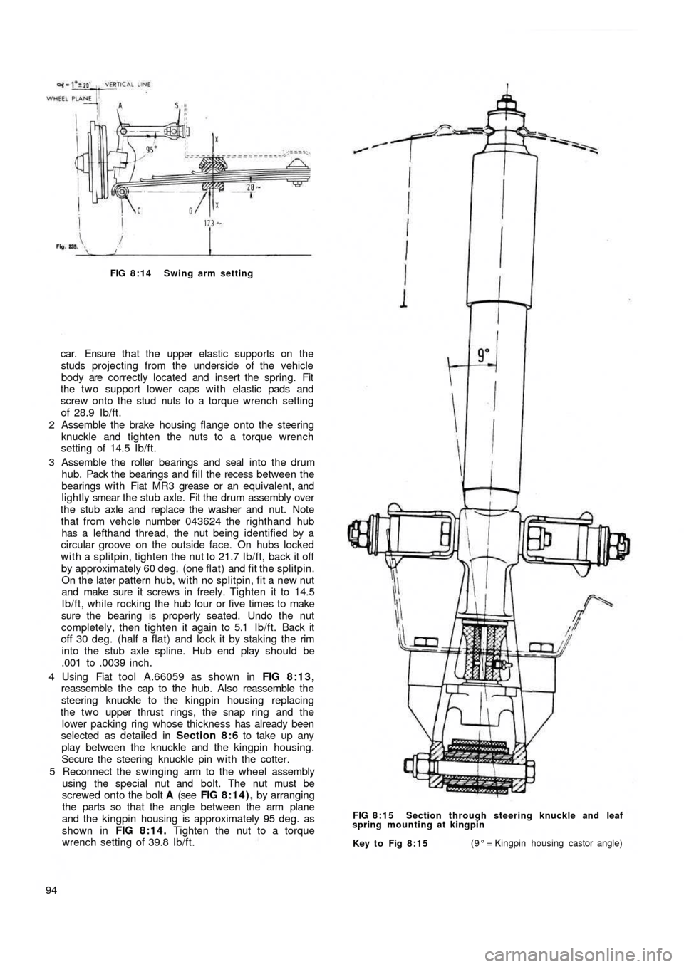 FIAT 500 1970 1.G Workshop Manual FIG 8:14 Swing arm setting
car. Ensure t h a t the  upper elastic supports on the
studs projecting from the underside of the vehicle
body are correctly located and insert the spring. Fit
the two suppo