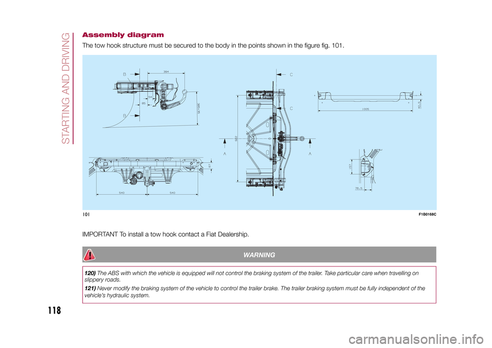 FIAT 500X 2015 2.G Owners Manual Assembly diagramThe tow hook structure must be secured to the body in the points shown in the figure fig. 101.
.
IMPORTANT To install a tow hook contact a Fiat Dealership.
WARNING
120)The ABS with whi