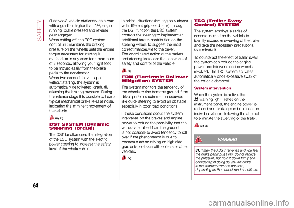 FIAT 500X 2015 2.G Owners Manual ❒downhill: vehicle stationary on a road
with a gradient higher than 5%, engine
running, brake pressed and reverse
gear engaged.
When setting off, the ESC system
control unit maintains the braking
pr