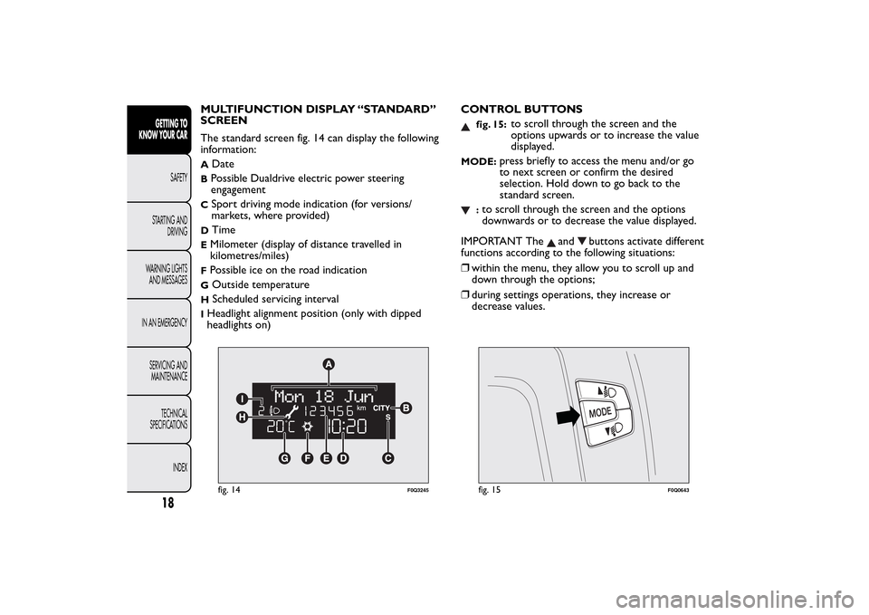 FIAT BRAVO 2014 2.G Owners Manual MULTIFUNCTION DISPLAY “STANDARD”
SCREEN
The standard screen fig. 14 can display the following
information:A
Date
BPossible Dualdrive electric power steering
engagementC
Sport driving mode indicati