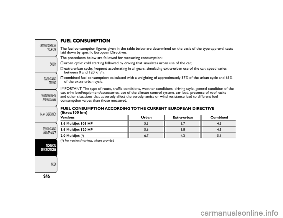 FIAT BRAVO 2015 2.G Owners Manual FUEL CONSUMPTIONThe fuel consumption figures given in the table below are determined on the basis of the type-approval tests
laid down by specific European Directives.
The procedures below are followe