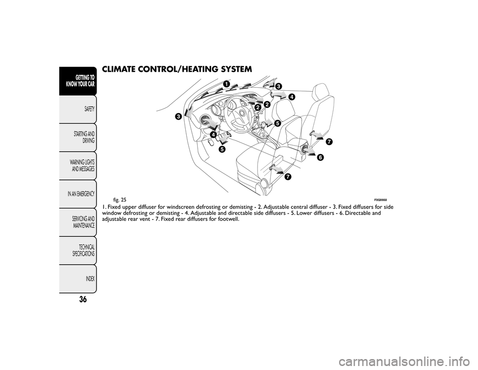 FIAT BRAVO 2015 2.G Owners Manual CLIMATE CONTROL/HEATING SYSTEM1. Fixed upper diffuser for windscreen defrosting or demisting - 2. Adjustable central diffuser - 3. Fixed diffusers for side
window defrosting or demisting - 4. Adjustab