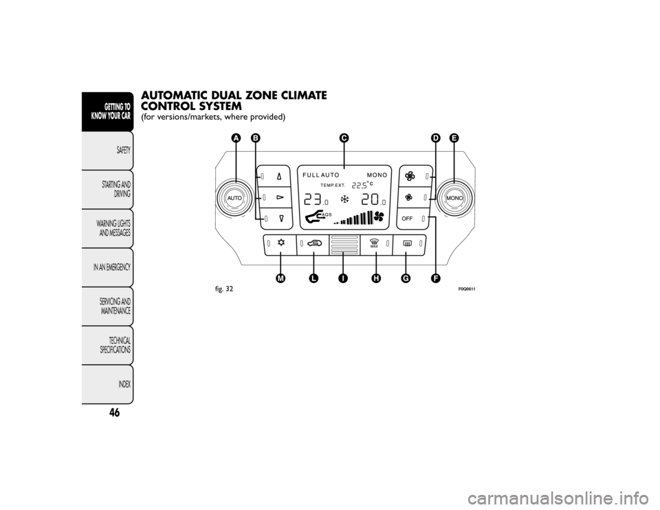 FIAT BRAVO 2015 2.G Service Manual AUTOMATIC DUAL ZONE CLIMATE
CONTROL SYSTEM(for versions/markets, where provided)
fig. 32
F0Q0611
46GETTING TO
KNOW YOUR CAR
SAFETY
STARTING AND DRIVING
WARNING LIGHTS AND MESSAGES
IN AN EMERGENCY SERV