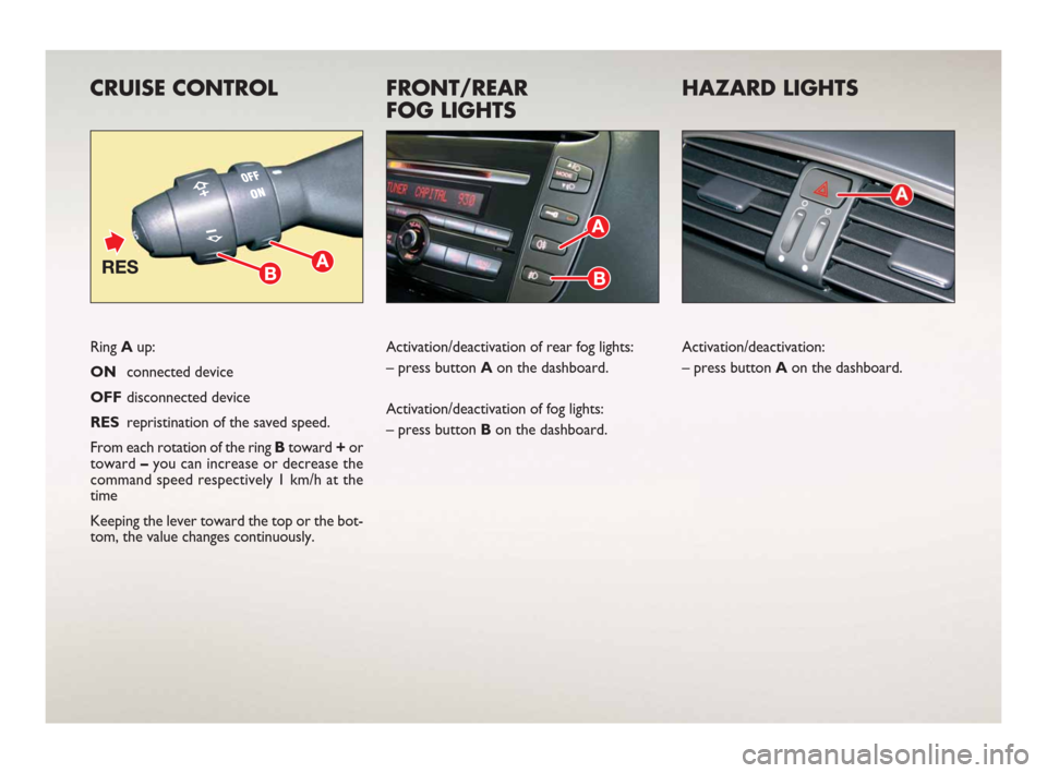FIAT BRAVO 2008 2.G Ready To Go Manual CRUISE CONTROL
Ring Aup:
ONconnected device 
OFF disconnected device
RESrepristination of the saved speed.
From each rotation of the ring Btoward +or
toward –you can increase or decrease the
command