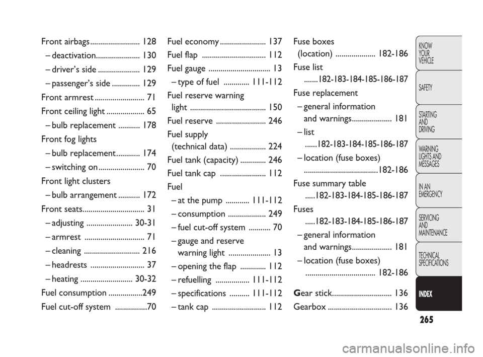 FIAT DOBLO 2009 2.G Owners Manual 265
KNOW
YOUR
VEHICLE
SAFETY
STARTING 
AND
DRIVING
WARNING 
LIGHTS AND
MESSAGES
IN AN 
EMERGENCY
SERVICING
AND
MAINTENANCE
TECHNICAL
SPECIFICATIONS
INDEX
Front airbags ......................... 128
�