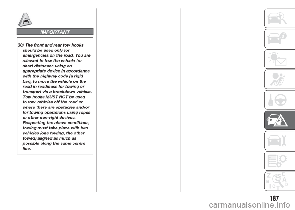 FIAT DOBLO PANORAMA 2015 2.G Owners Manual IMPORTANT
30) The front and rear tow hooks
should be used only for
emergencies on the road. You are
allowed to tow the vehicle for
short distances using an
appropriate device in accordance
with the hi