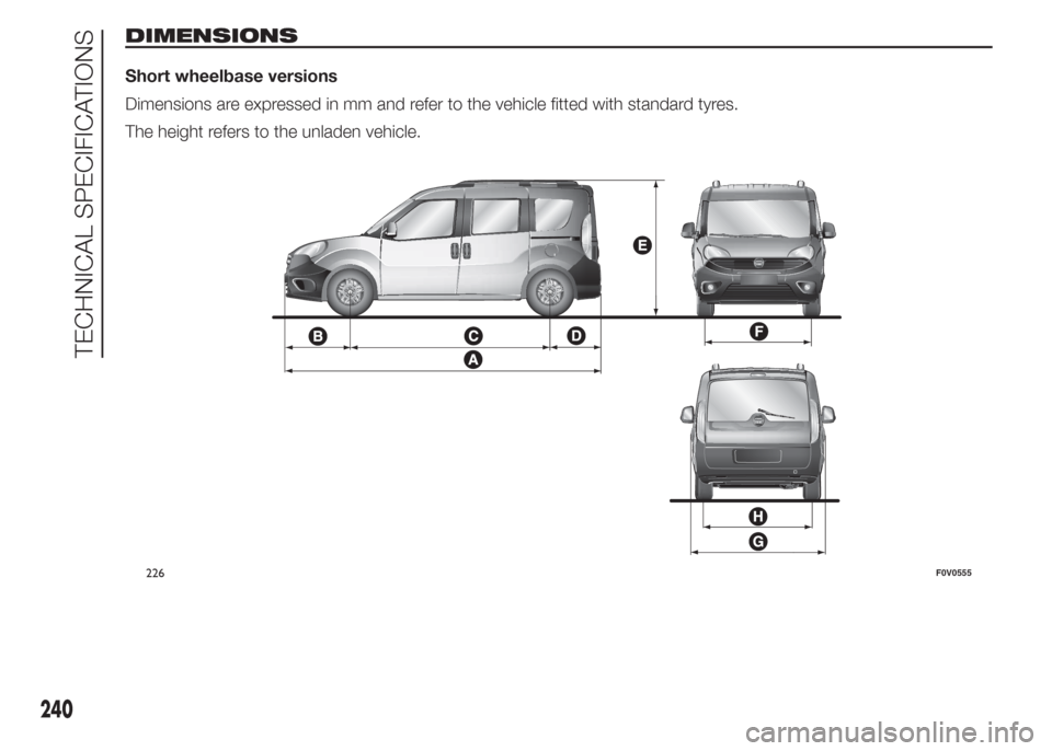 FIAT DOBLO PANORAMA 2015 2.G Owners Manual DIMENSIONS
Short wheelbase versions
Dimensions are expressed in mm and refer to the vehicle fitted with standard tyres.
The height refers to the unladen vehicle.
226F0V0555
240
TECHNICAL SPECIFICATION