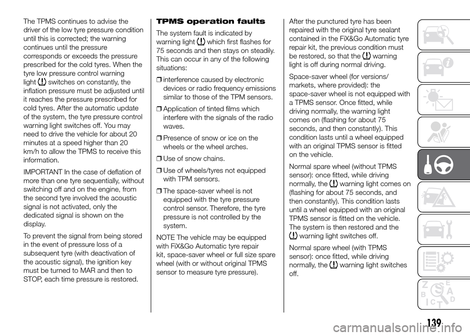FIAT DOBLO PANORAMA 2016 2.G Owners Manual The TPMS continues to advise the
driver of the low tyre pressure condition
until this is corrected; the warning
continues until the pressure
corresponds or exceeds the pressure
prescribed for the cold