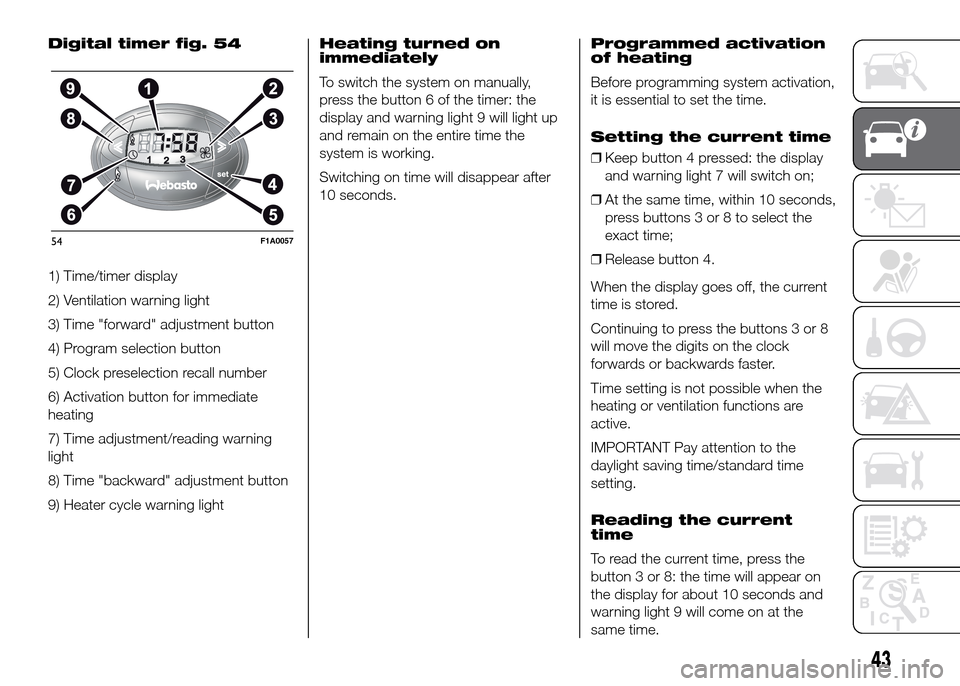 FIAT DUCATO 2015 3.G Owners Manual Digital timer fig. 54
1) Time/timer display
2) Ventilation warning light
3) Time "forward" adjustment button
4) Program selection button
5) Clock preselection recall number
6) Activation button for im