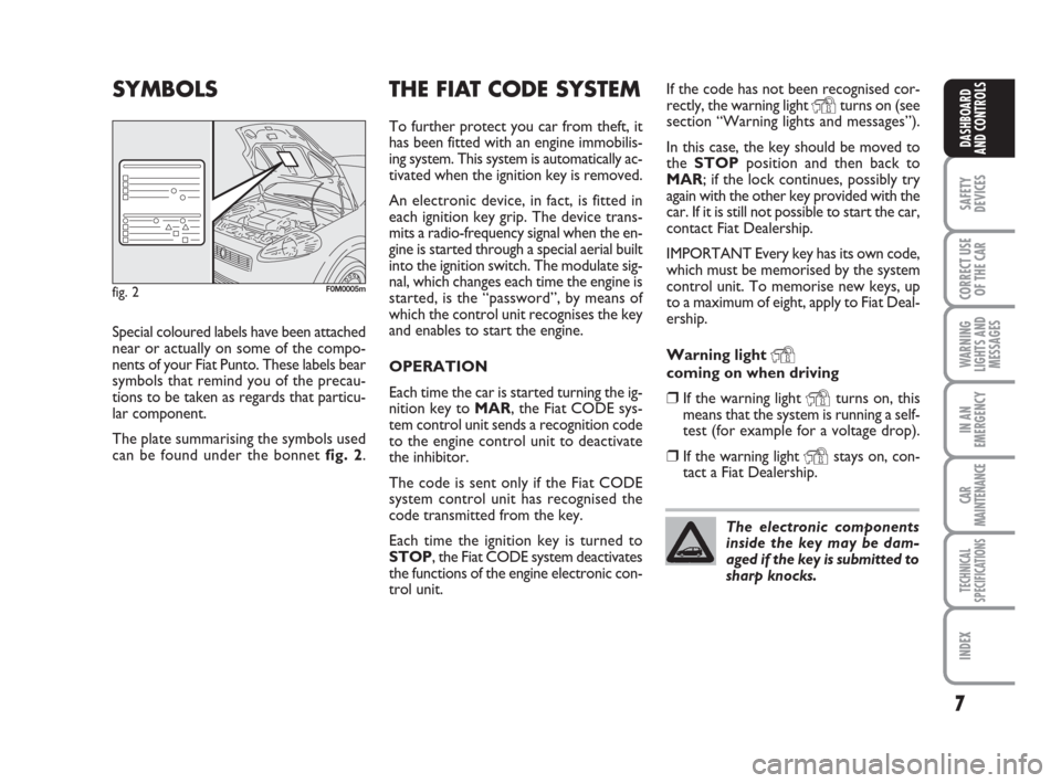 FIAT GRANDE PUNTO 2007 199 / 1.G Owners Manual 7
SAFETY
DEVICES
CORRECT USE
OF THE CAR
WARNING
LIGHTS AND
MESSAGES
IN AN
EMERGENCY
CAR
MAINTENANCE
TECHNICAL
SPECIFICATIONS
INDEX
DASHBOARD
AND CONTROLS
Special coloured labels have been attached
nea