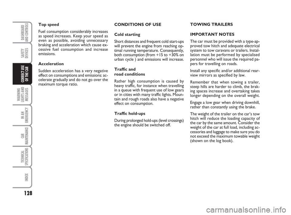FIAT LINEA 2008 1.G Owners Manual 128
WARNING
LIGHTS AND
MESSAGES
IN AN
EMERGENCY
CAR
MAINTENANCE
TECHNICAL
SPECIFICATIONS
INDEX
DASHBOARD
AND CONTROLS
SAFETY
DEVICES
CORRECT USE 
OF THE CAR
CONDITIONS OF USE
Cold starting
Short dista