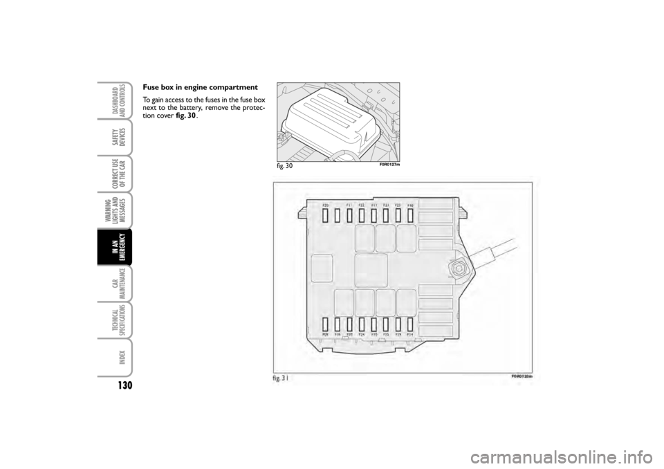 FIAT LINEA RHD 2010 1.G Owners Manual Fuse box in engine compartment
To gain access to the fuses in the fuse box
next to the battery, 
 remove the protec-
tion cover fig. 30.
fig. 30F0R0127m
fig. 31F0R0128m
130
CORRECT USE 
OF THE CAR
AND