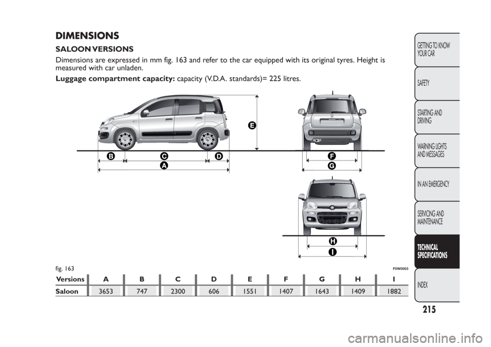 FIAT PANDA 2014 319 / 3.G Owners Manual DIMENSIONSSALOON VERSIONS
Dimensions are expressed in mm fig. 163 and refer to the car equipped with its original tyres. Height is
measured with car unladen.
Luggage compartment capacity:capacity (V.D