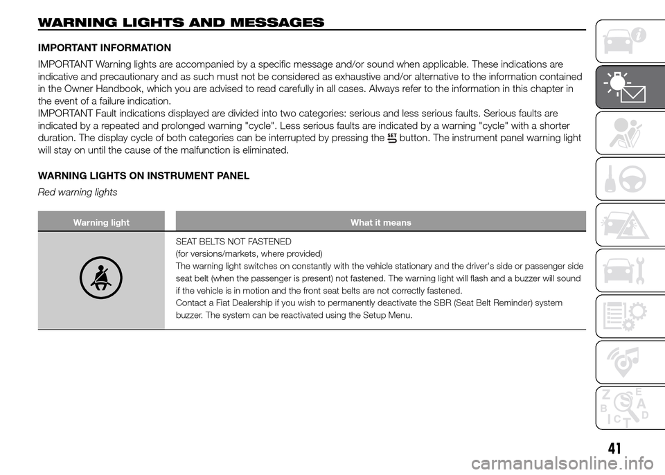 FIAT PANDA 2015 319 / 3.G Service Manual WARNING LIGHTS AND MESSAGES
IMPORTANT INFORMATION
IMPORTANT Warning lights are accompanied by a specific message and/or sound when applicable. These indications are
indicative and precautionary and as