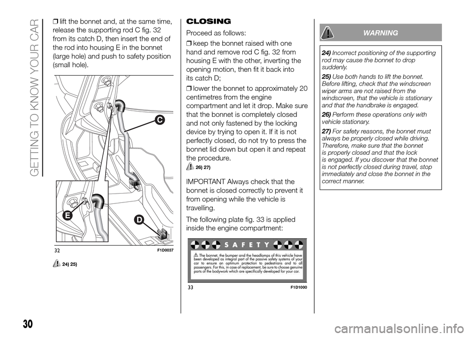 FIAT PANDA 2016 319 / 3.G Owners Manual ❒lift the bonnet and, at the same time,
release the supporting rod C fig. 32
from its catch D, then insert the end of
the rod into housing E in the bonnet
(large hole) and push to safety position
(s