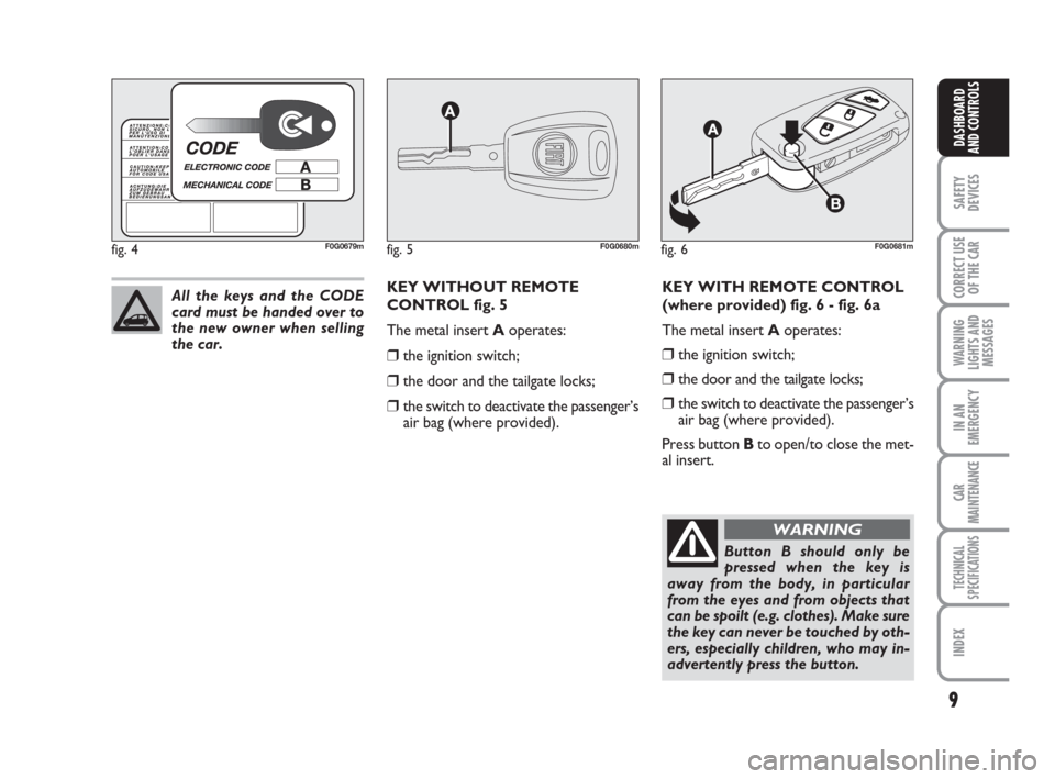 FIAT PANDA 2007 169 / 2.G Owners Manual KEY WITH REMOTE CONTROL
(where provided) fig. 6 - fig. 6a
The metal insert Aoperates:
❒the ignition switch;
❒the door and the tailgate locks;
❒the switch to deactivate the passenger’s
air bag 