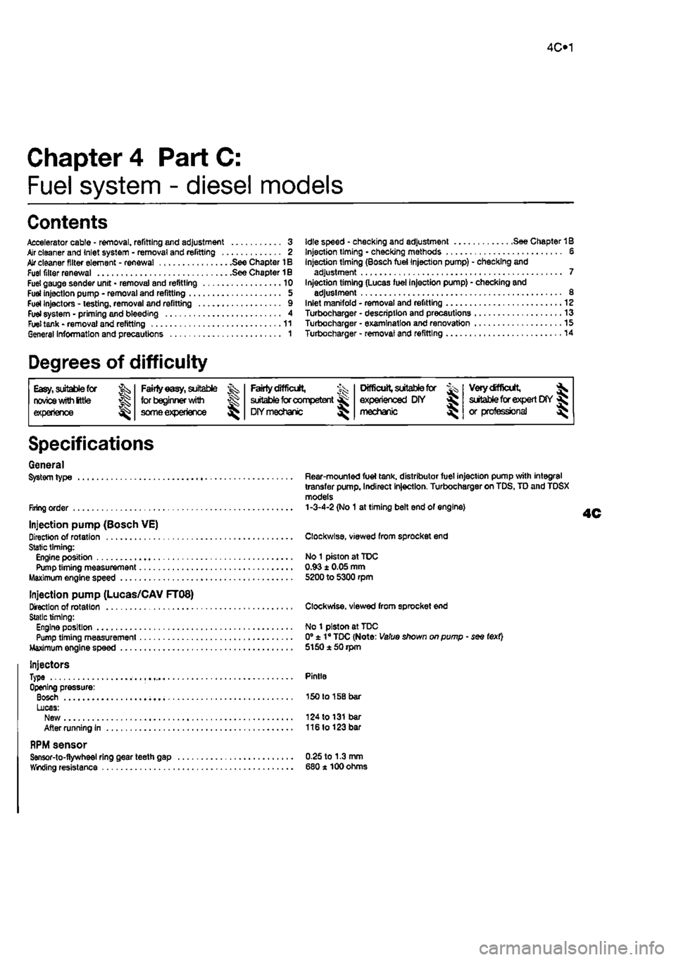 FIAT PUNTO 1994 176 / 1.G Service Manual 
4C»1 
Chapter 4 PartC: 
Fuel system - diesel models 
Contents 
Accelerator cable • removal, refitting and adjustment 3 Air cleaner and inlet system • removal and refitting 2 
AJr
 cleaner filter