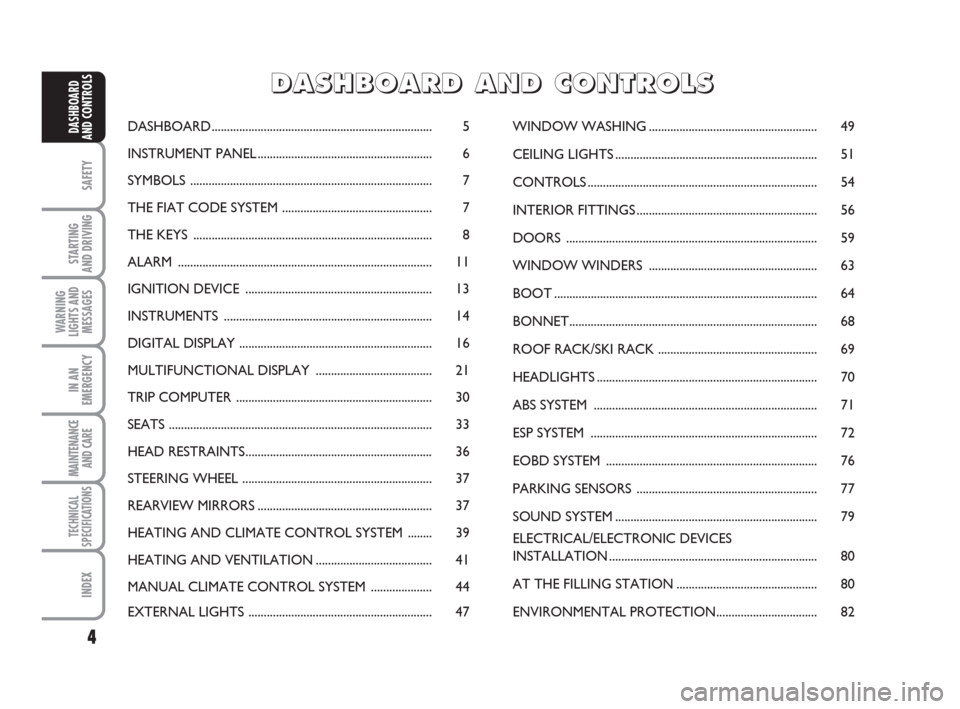 FIAT QUBO 2008 1.G Owners Manual 4
SAFETY
STARTING 
AND DRIVING
WARNING
LIGHTS AND
MESSAGES
IN AN
EMERGENCY
MAINTENANCE
AND CARE 
TECHNICAL
SPECIFICATIONS
INDEX
DASHBOARD
AND CONTROLSDASHBOARD.........................................
