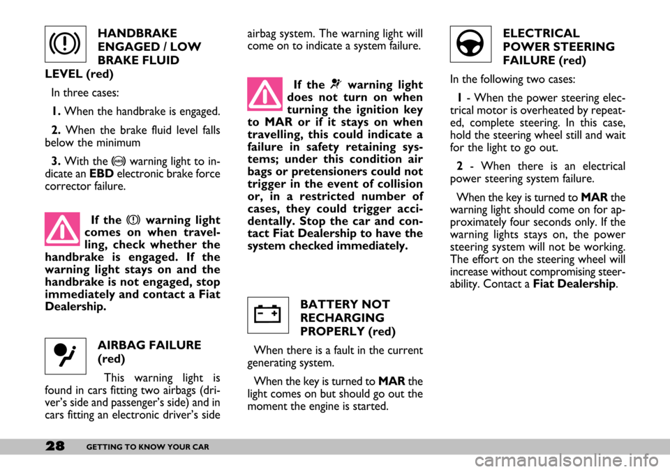 FIAT SEICENTO 2007 1.G Owners Manual 28GETTING TO KNOW YOUR CAR
If the ¬warning light
does not turn on when
turning the ignition key
to MAR or if it stays on when
travelling, this could indicate a
failure in safety retaining sys-
tems; 
