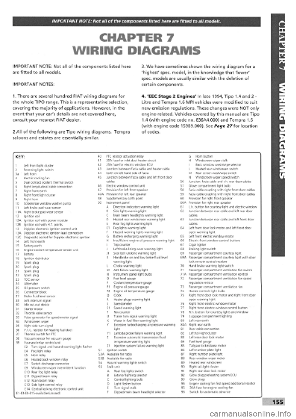 FIAT TEMPRA 1988  Service And Repair Manual 
IMPORTANT NOTE: Not all of the components listed here are fitted to all models. 
CHAPTER 7 
WIRING DIAGRAMS 
IMPORTANT NOTE: Not all of the components listed here 
are fitted to all models. 
IMPORTAN