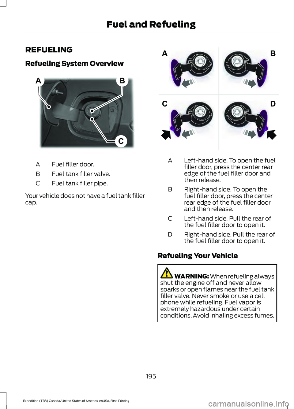 FORD EXPEDITION 2021  Owners Manual REFUELING
Refueling System Overview
Fuel filler door.
A
Fuel tank filler valve.
B
Fuel tank filler pipe.
C
Your vehicle does not have a fuel tank filler
cap. Left-hand side. To open the fuel
filler do