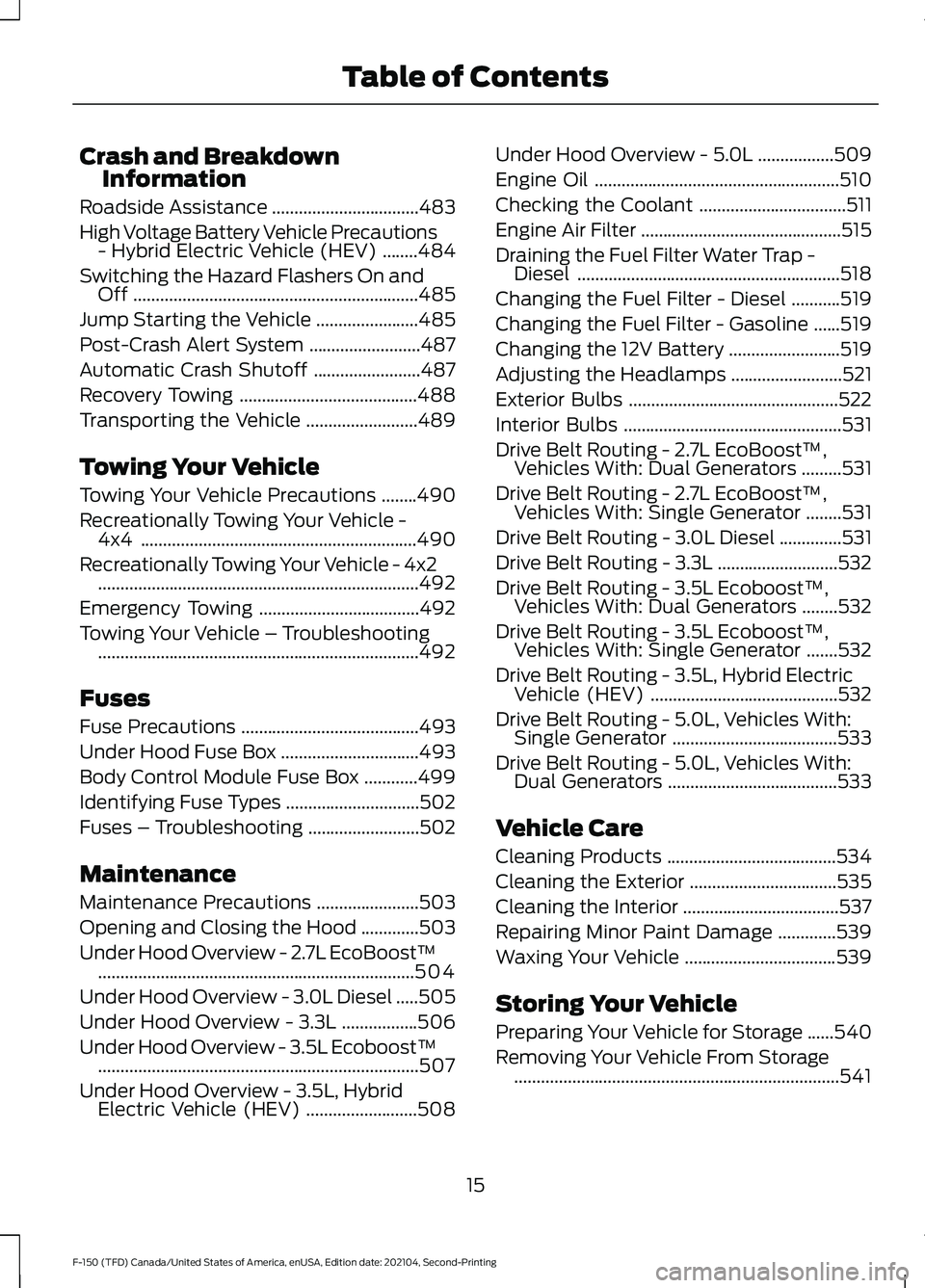 FORD F-150 2021  Owners Manual Crash and Breakdown
Information
Roadside Assistance .................................483
High Voltage Battery Vehicle Precautions - Hybrid Electric Vehicle (HEV) ........
484
Switching the Hazard Flas