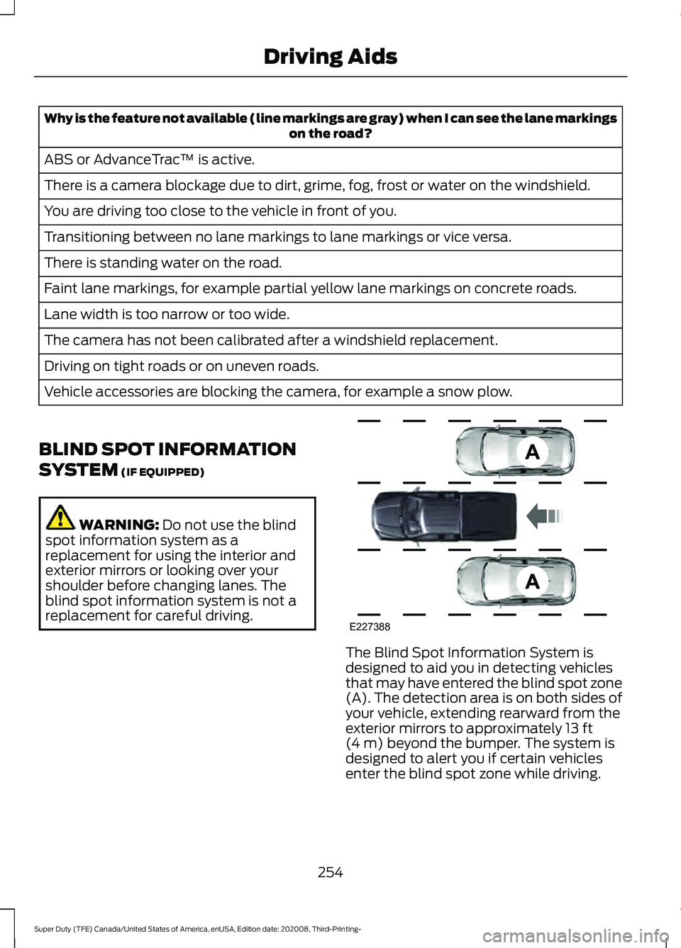 FORD F-350 2021  Owners Manual Why is the feature not available (line markings are gray) when I can see the lane markings
on the road?
ABS or AdvanceTrac ™ is active.
There is a camera blockage due to dirt, grime, fog, frost or w