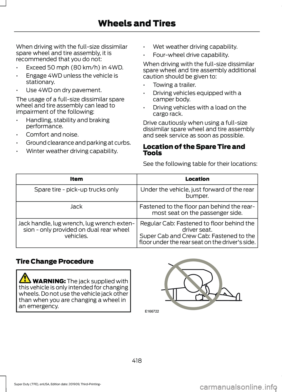FORD F-350 2020  Owners Manual When driving with the full-size dissimilar
spare wheel and tire assembly, it is
recommended that you do not:
•
Exceed 50 mph (80 km/h) in 4WD.
• Engage 4WD unless the vehicle is
stationary.
• Us