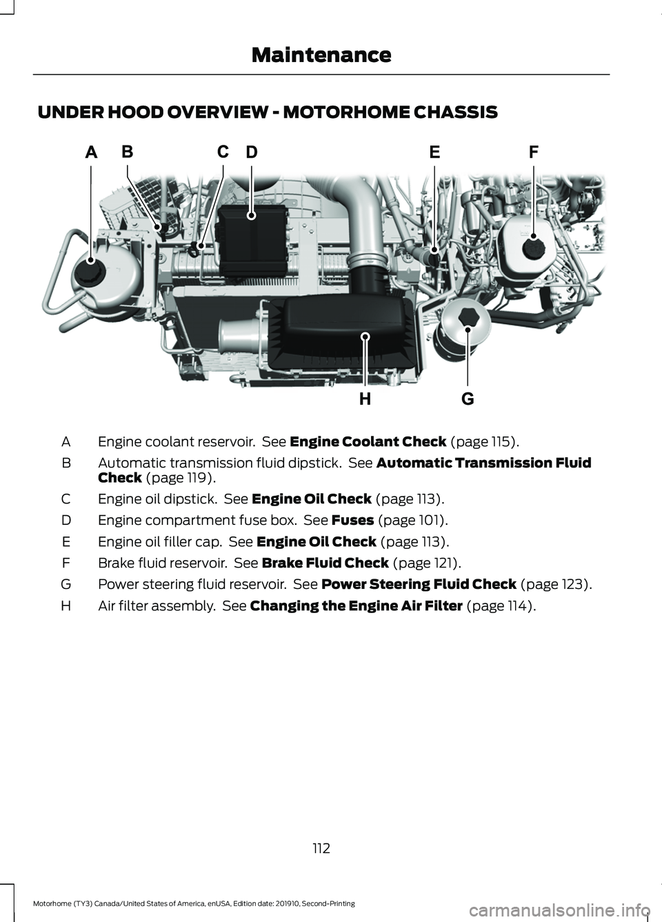 FORD F-53 2020  Owners Manual UNDER HOOD OVERVIEW - MOTORHOME CHASSIS
Engine coolant reservoir.  See Engine Coolant Check (page 115).
A
Automatic transmission fluid dipstick.  See 
Automatic Transmission Fluid
Check (page 119).
B
