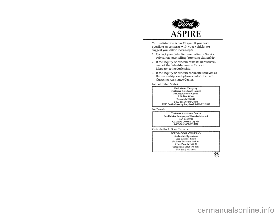 FORD ASPIRE 1996 1.G Owners Manual 