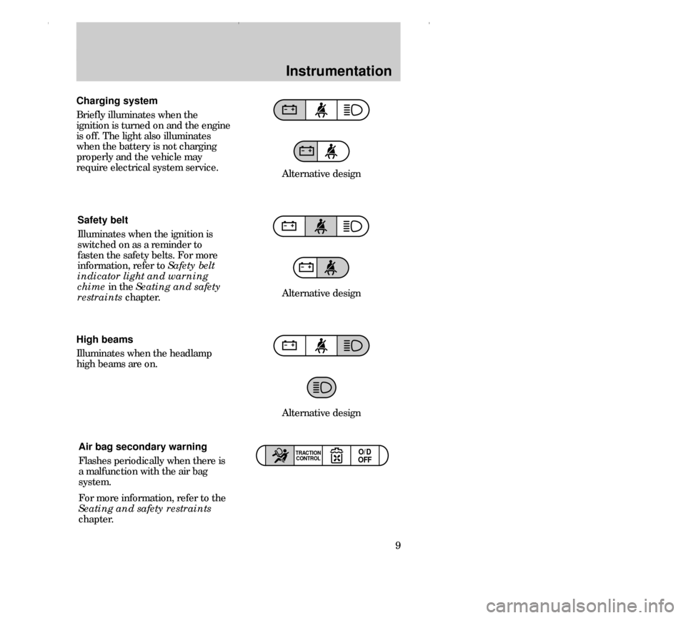 FORD CONTOUR 2000 2.G Owners Manual Instrumentation
9 High beams
Illuminates when the headlamp
high beams are on. Charging system
Briefly illuminates when the
ignition is turned on and the engine
is off. The light also illuminates
when 