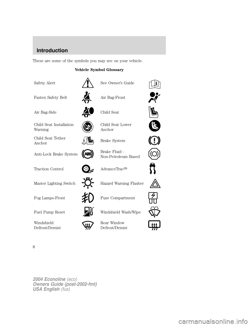 FORD E SERIES 2004 4.G Owners Manual These are some of the symbols you may see on your vehicle.
Vehicle Symbol Glossary
Safety Alert
See Owner’s Guide
Fasten Safety BeltAir Bag-Front
Air Bag-SideChild Seat
Child Seat Installation
Warni