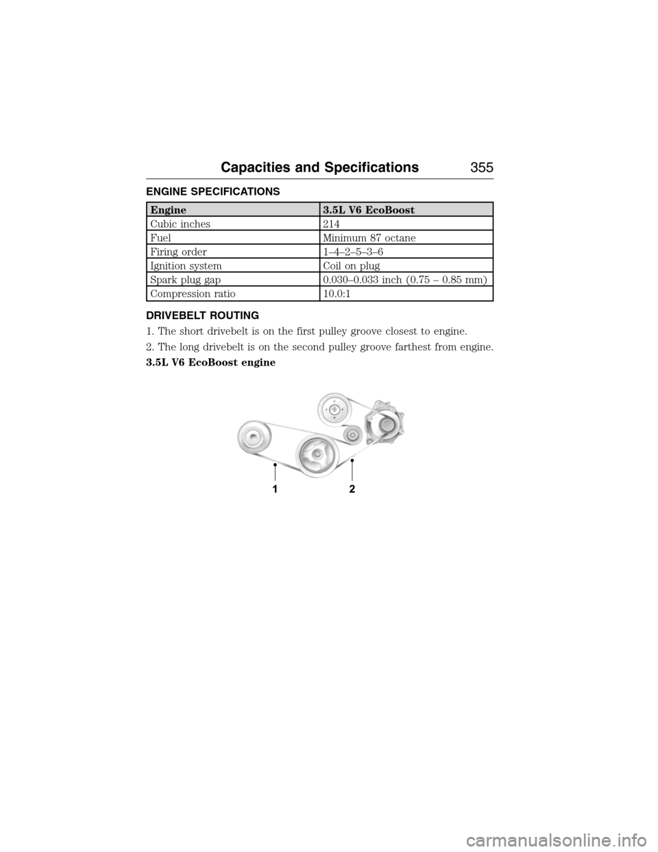 FORD EXPEDITION 2015 3.G Owners Manual ENGINE SPECIFICATIONS
Engine 3.5L V6 EcoBoost
Cubic inches 214
Fuel Minimum 87 octane
Firing order 1–4–2–5–3–6
Ignition system Coil on plug
Spark plug gap 0.030–0.033 inch (0.75 – 0.85 m