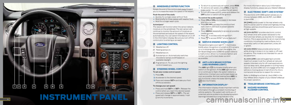 FORD F150 2014 12.G Quick Reference Guide 1 
Wind Shield Wiper FUnC tion 
Rotate the end of the control stalk away/toward 
you to increase/decrease the speed of the wipers. 
push the end of the stalk:
•  Quickly for a single swipe without f