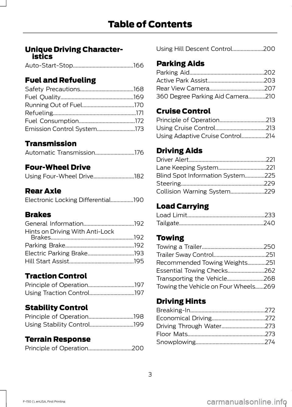 FORD F150 2015 13.G Owners Manual Unique Driving Character-
istics
Auto-Start-Stop...........................................166
Fuel and Refueling
Safety Precautions......................................168
Fuel Quality
.............