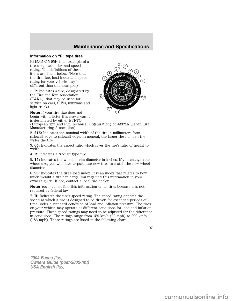 FORD FOCUS 2004 1.G Owners Manual Information on“P”type tires
P215/65R15 95H is an example of a
tire size, load index and speed
rating. The definitions of these
items are listed below. (Note that
the tire size, load index and spee
