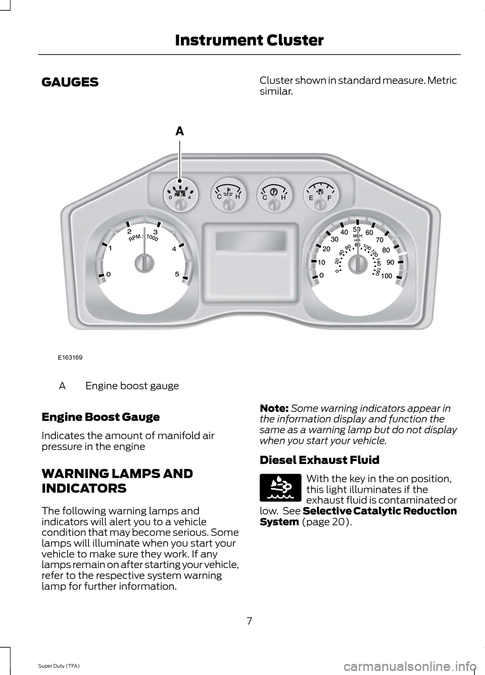 FORD SUPER DUTY 2014 3.G Diesel Supplement Manual GAUGES
Cluster shown in standard measure. Metric
similar.Engine boost gauge
A
Engine Boost Gauge
Indicates the amount of manifold air
pressure in the engine
WARNING LAMPS AND
INDICATORS
The following 