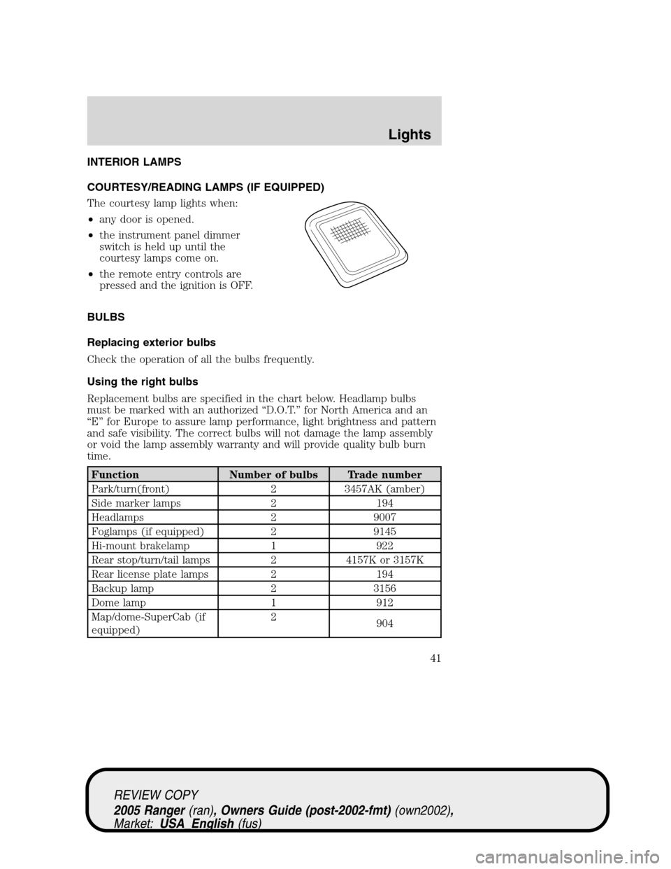 FORD RANGER 2005 2.G Owners Manual INTERIOR LAMPS
COURTESY/READING LAMPS (IF EQUIPPED)
The courtesy lamp lights when:
•any door is opened.
•the instrument panel dimmer
switch is held up until the
courtesy lamps come on.
•the remo