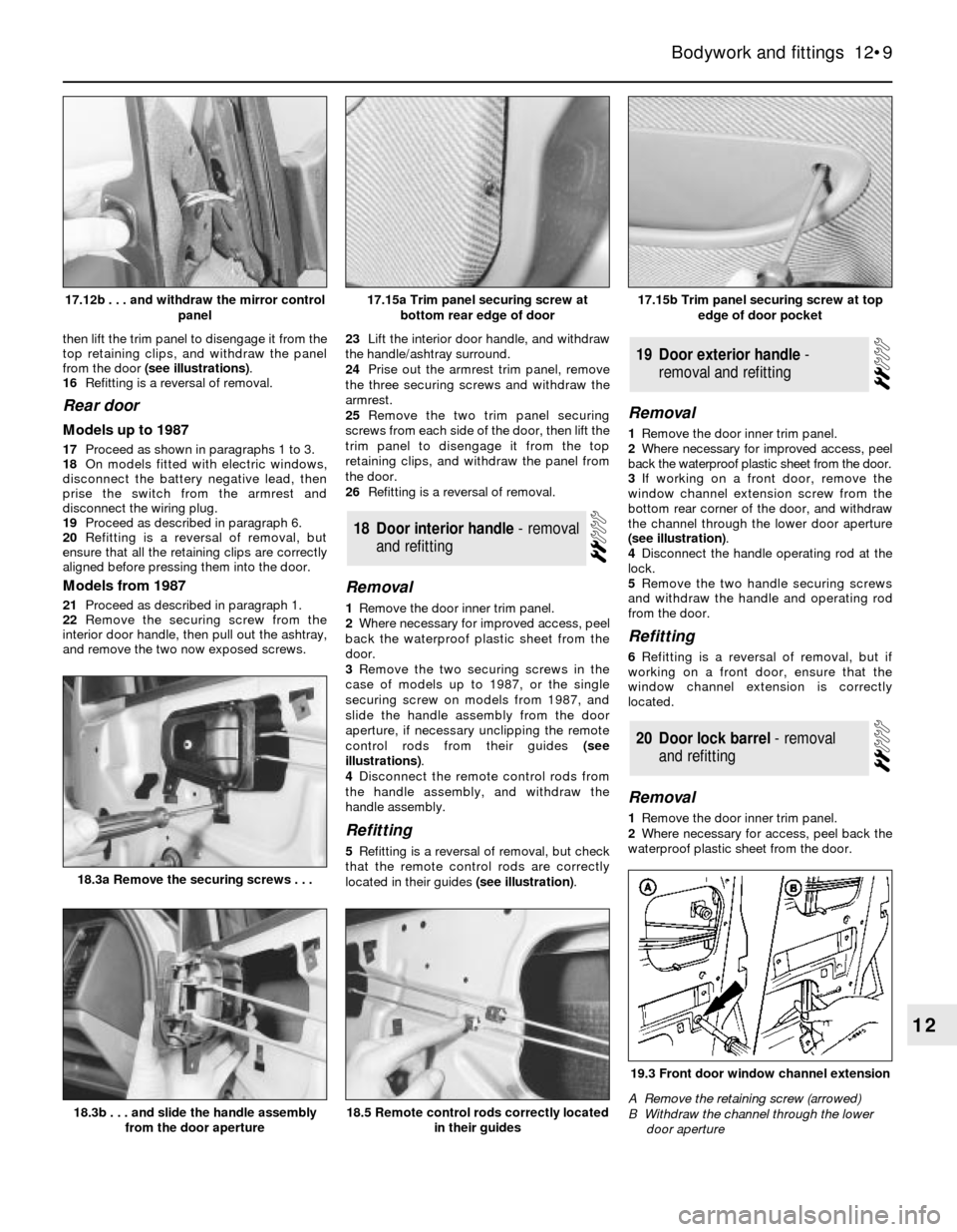 FORD SIERRA 1993 2.G Bodywork And Fittings Workshop Manual then lift the trim panel to disengage it from the
top retaining clips, and withdraw the panel
from the door (see illustrations).
16Refitting is a reversal of removal.
Rear door
Models up to 1987
17Pro